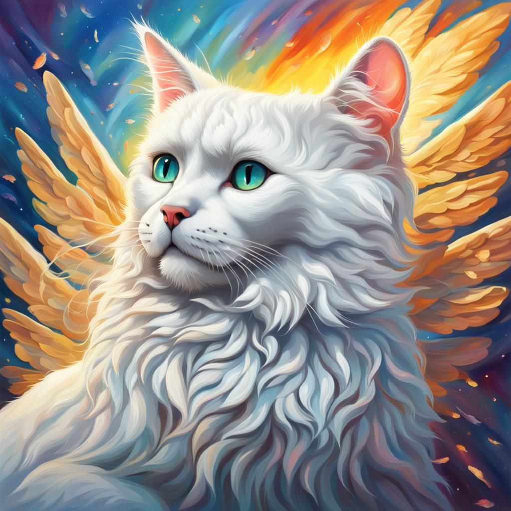 Angelic White Cat with Wings, Digital Art