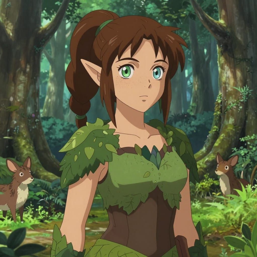 Curvy Elven Druid in Lush Forest, Anime Style
