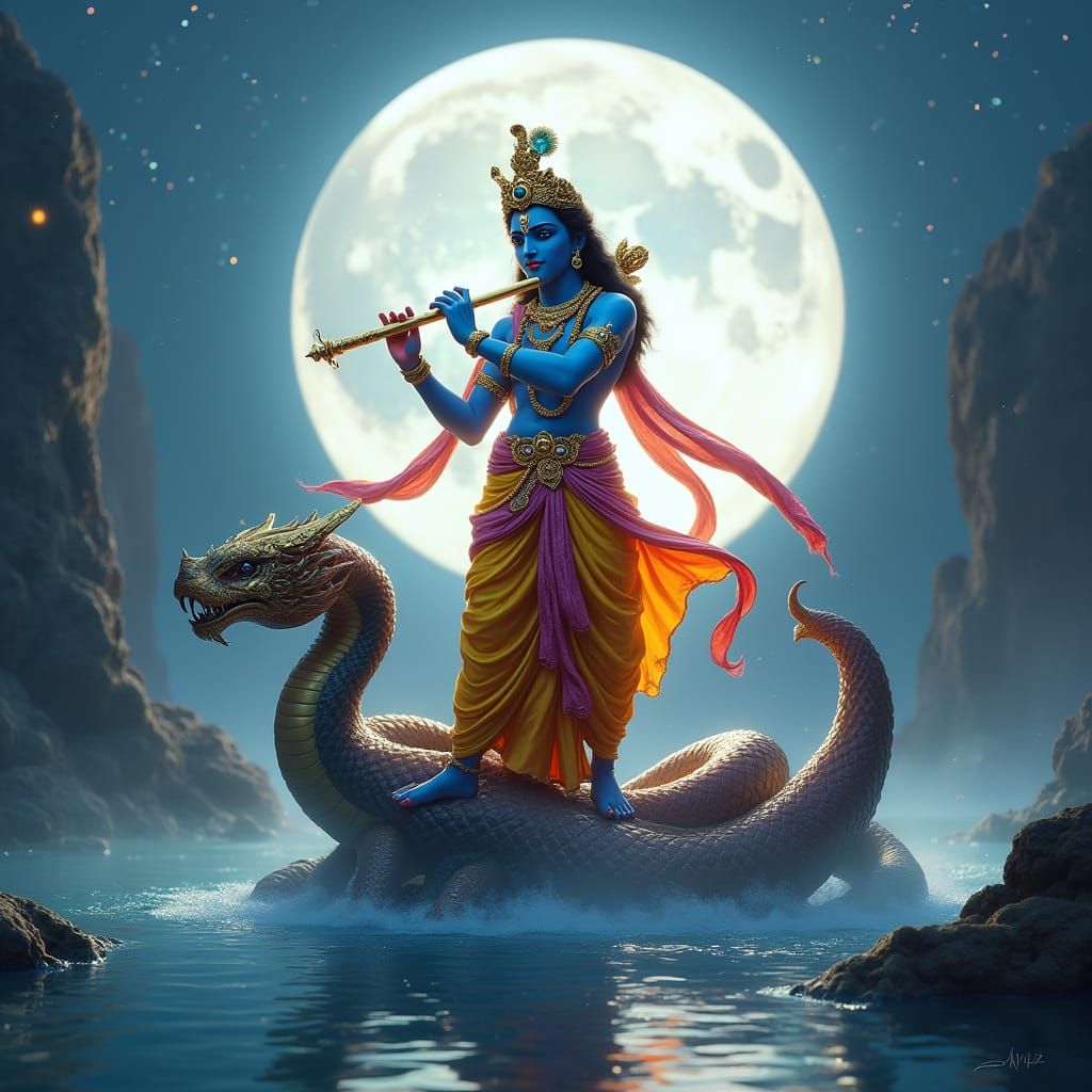 Majestic Lord Krishna Triumphs Over Kaliya Serpent with Shin...