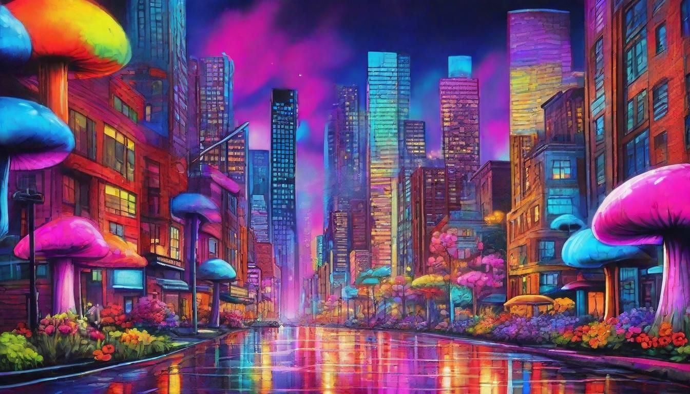 Utopian Cityscape with Neon Mushrooms in Graffiti Art Style