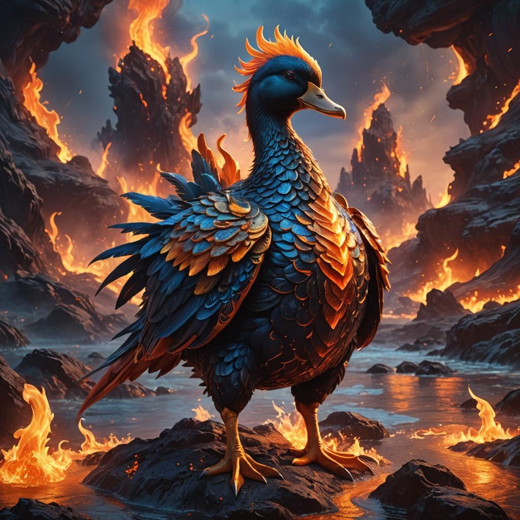 Phoenix Duck in Molten Lava Armor: Fantasy Art