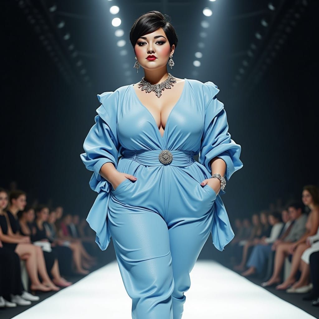 Plus Size Model on Catwalk in Sky Blue Outfit
