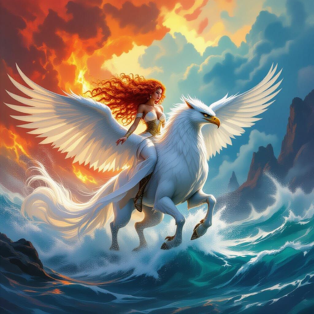 Red-Haired Woman Rides Griffin Through Elemental Landscape
