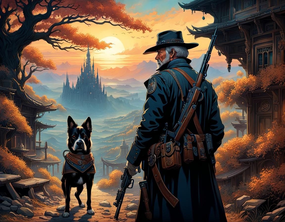 Gunslinger and Dog in Ethereal Art Nouveau Style