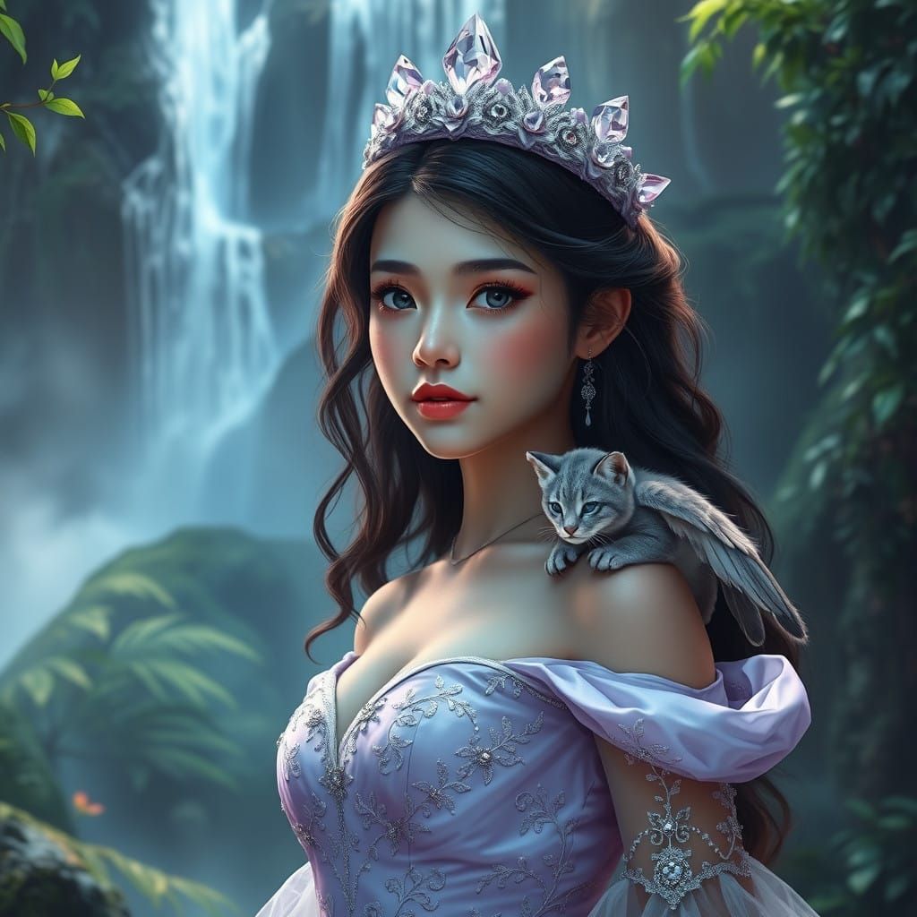Radiant Teenager in Light Purple Gown, Majestic Waterfall, C...