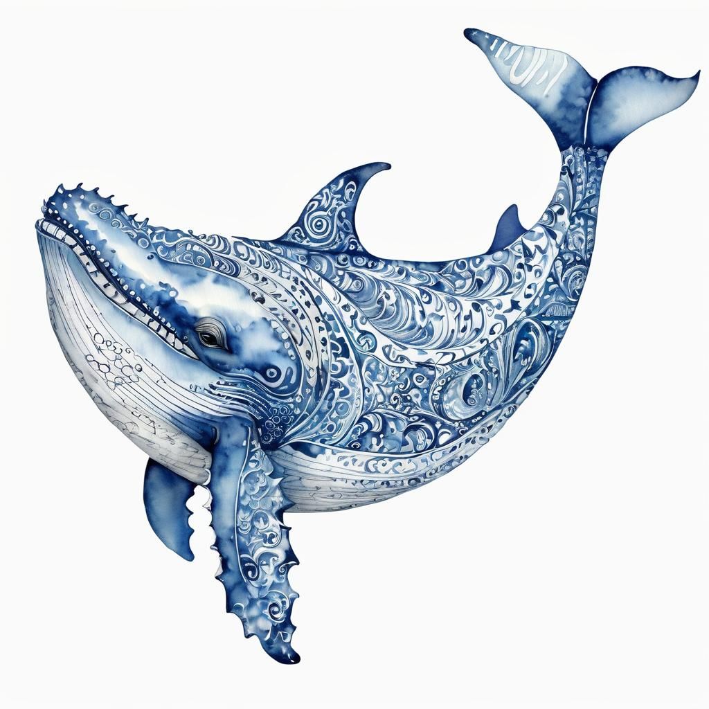 Delicate Delft Blue Whale: Watercolor Chinoiserie Illustrati...