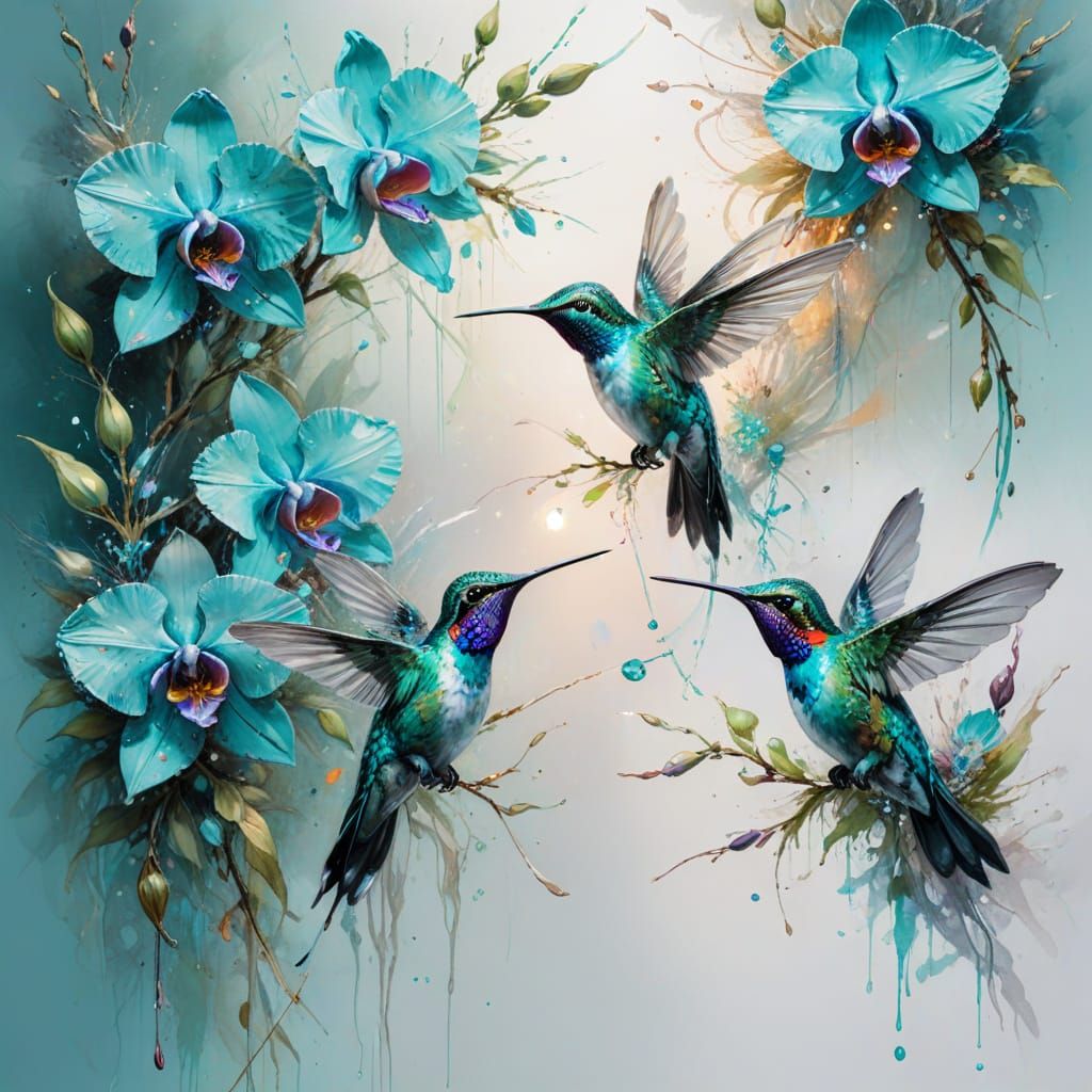 Iridescent Hummingbirds Among Turquoise Orchids
