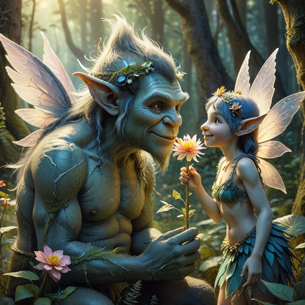 Friendly Troll and Fairy in Watercolor Forest