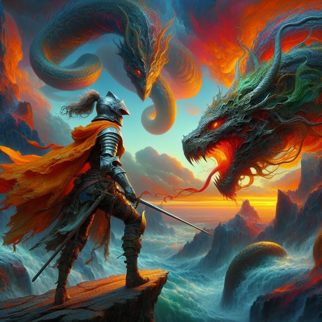 A Female Knight Defiantly Stares Down a Hydra on a Cliffside...