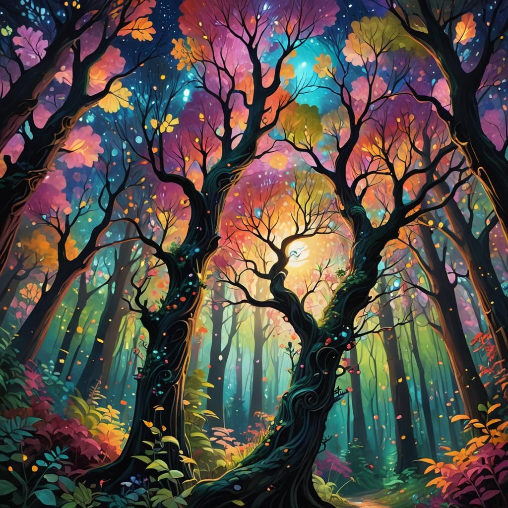 Mystical Being in Dreamlike Forest, Expressionist Digital Pa...