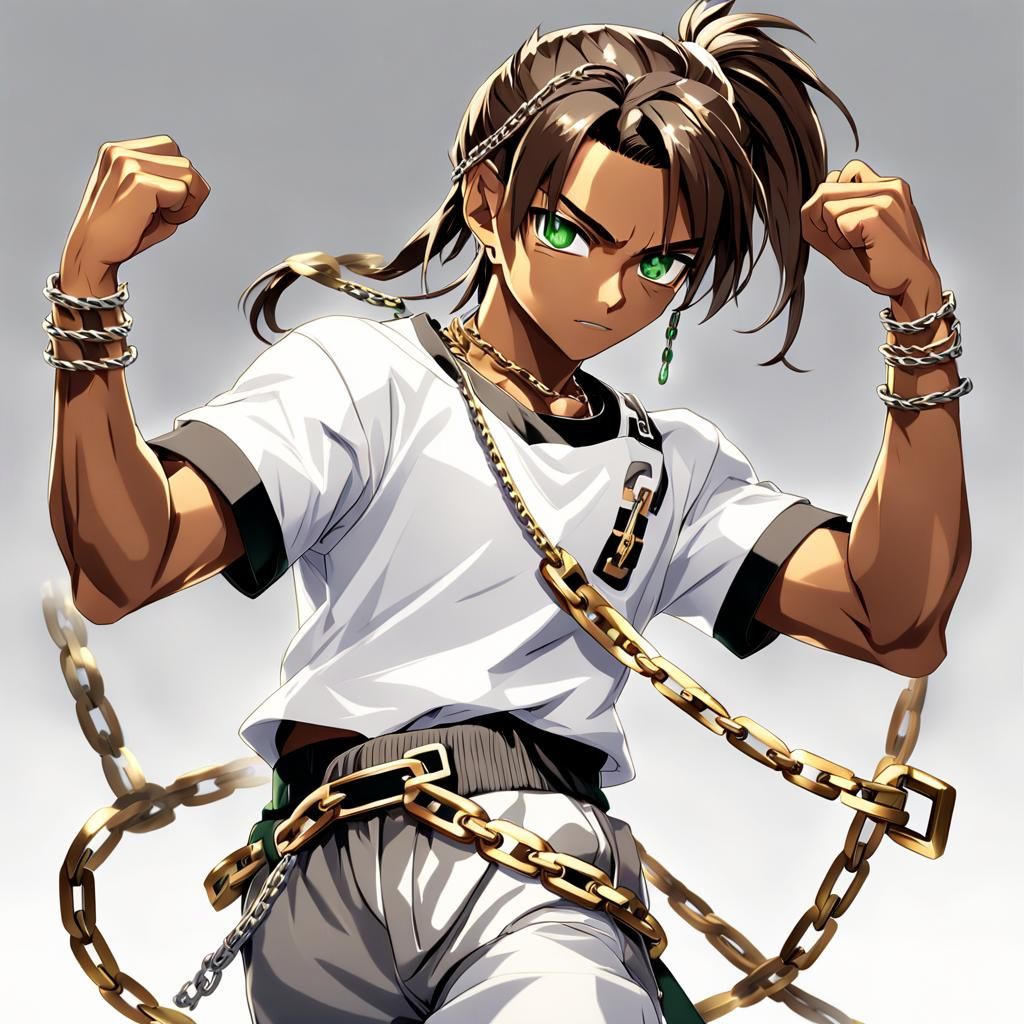 Stylish Young Anime Boy with Intricate Chains and Golden Hue...