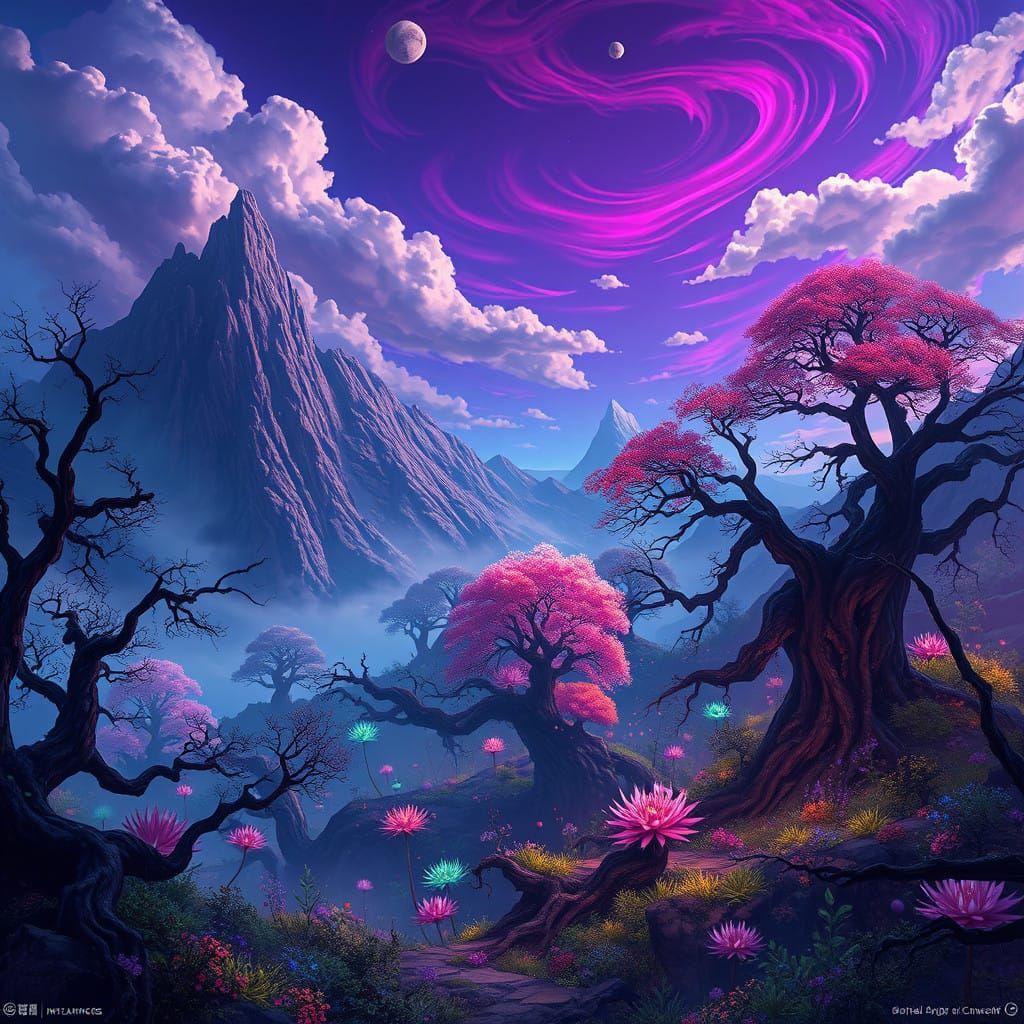 Surreal Fantasy Realm in Deep Blue-Purple Skies