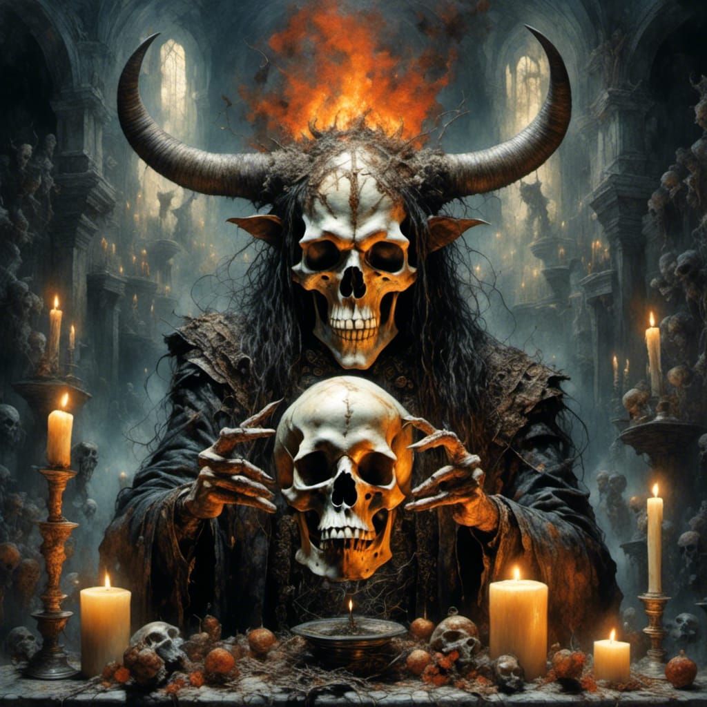 Demon with Skull in Dark Fantasy Gothic Scene