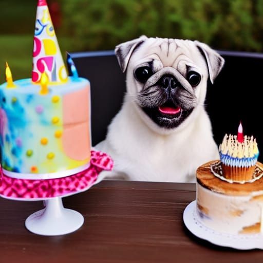 White Pug dog eating birthday cake