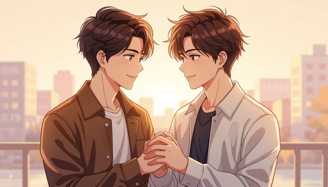 Loving Gay Couple Holding Hands in Anime Style
