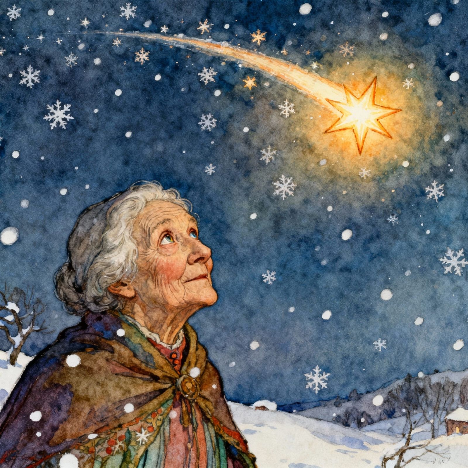 Old Woman Wishes World Peace on Shooting Star in Snowy Night