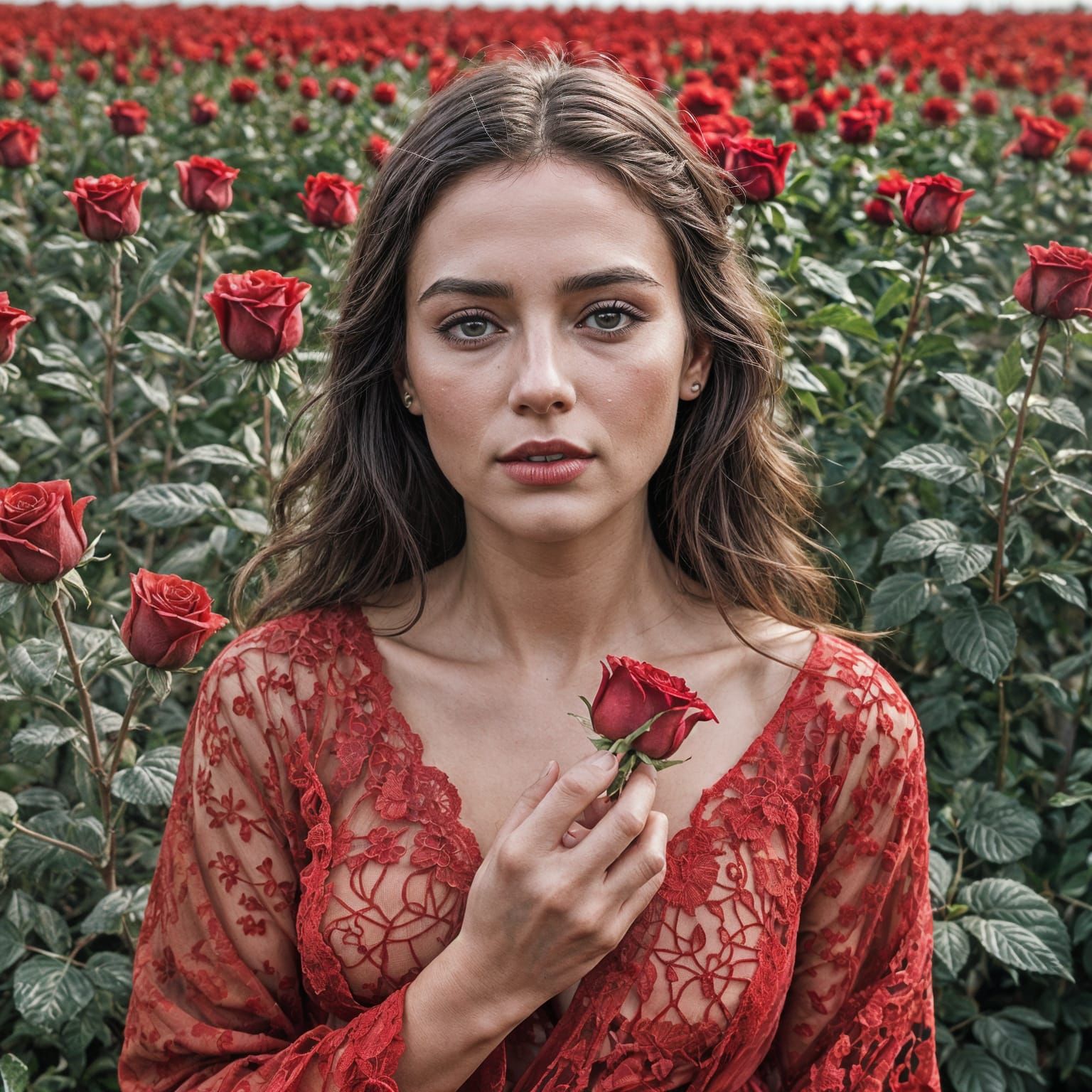 Woman with Black Rose in Flower Field Portrait