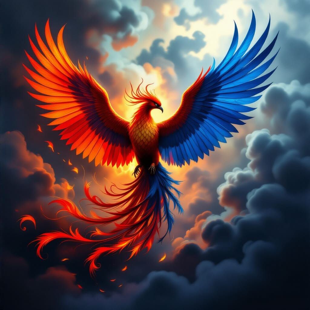 Majestic Phoenix Rises in Fiery Blue Duality