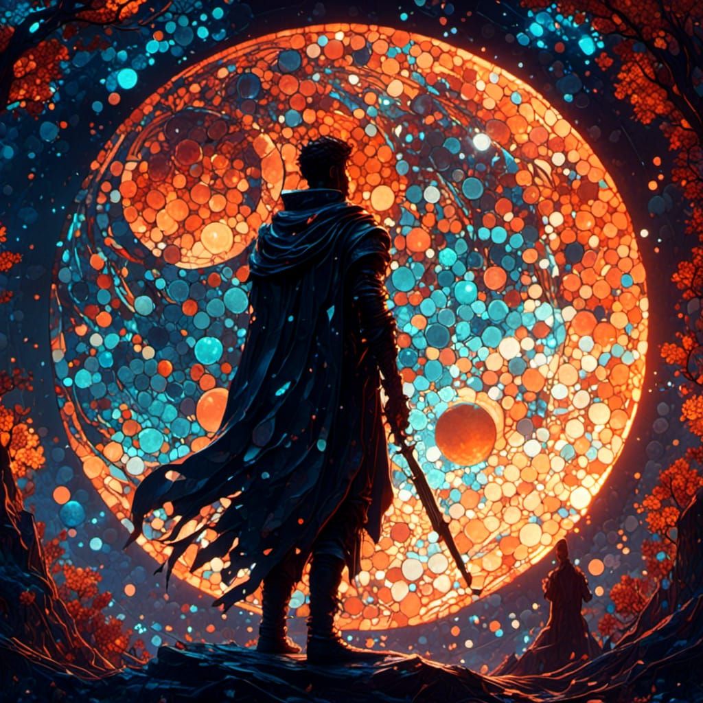 Silhouette Gazing at Red Moon in Mosaic Style
