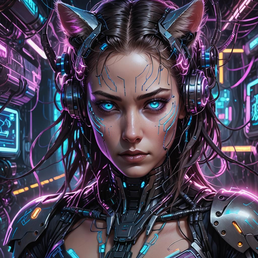 Cyberpunk Woman Transforms into Cybercat: Concept Art