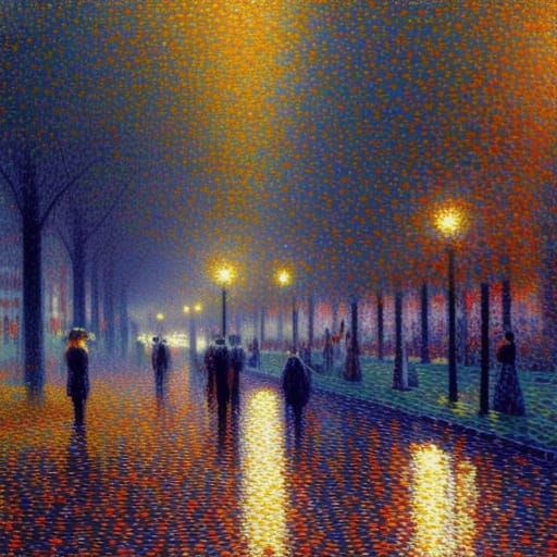 Pointillist Impression of an Urban Park at Night