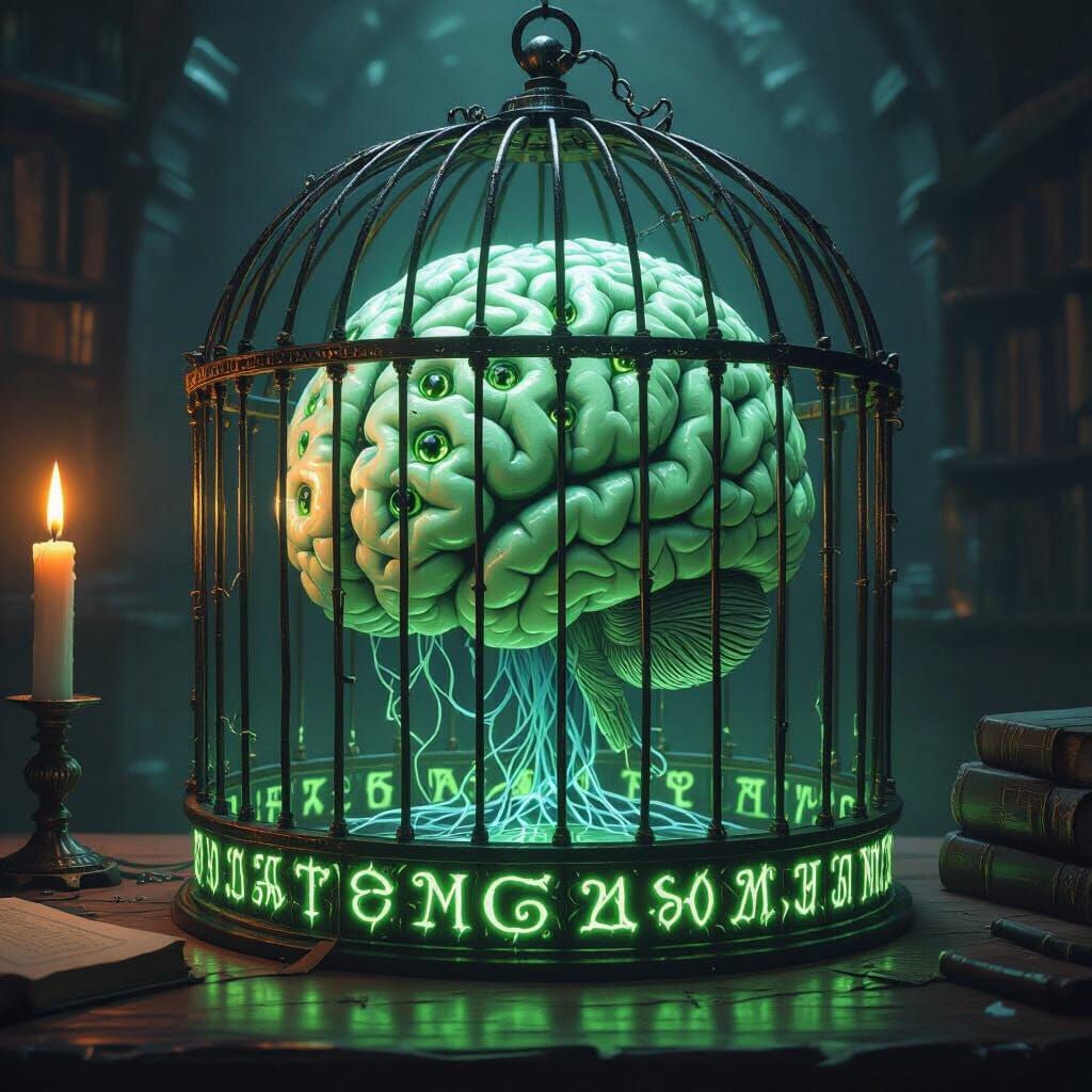 Ornate Bird Cage Holds Glowing Brain with Green Eyes