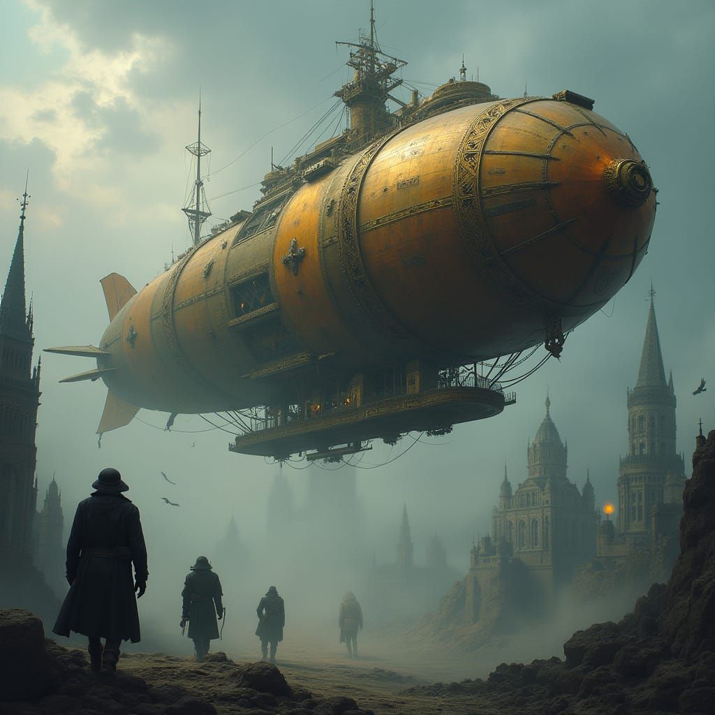 Steampunk Airship Over Gothic Metropolis: Matte Painting