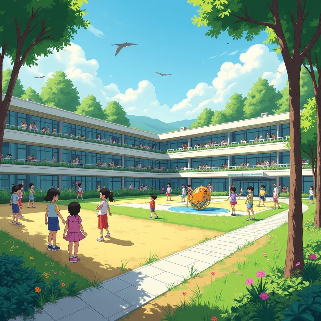 Sleek Future Schools with Vibrant Playgrounds and Lush Green...