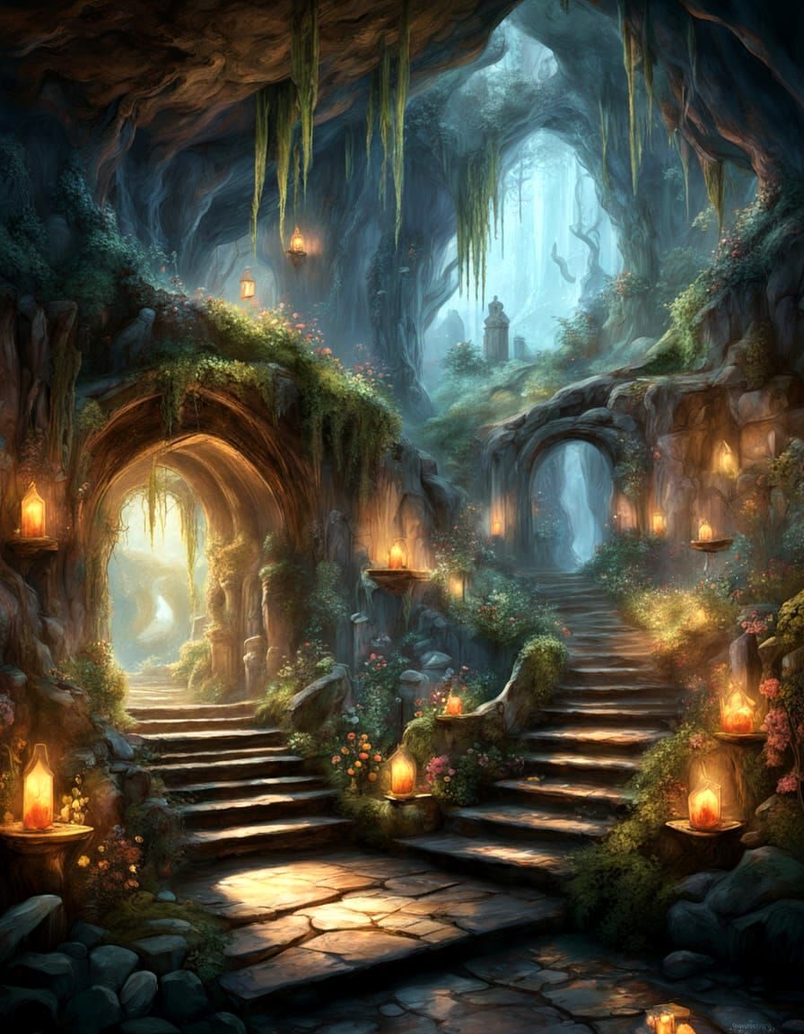 Mystical Forest Cave Entrance with Waterfalls and Fireflies