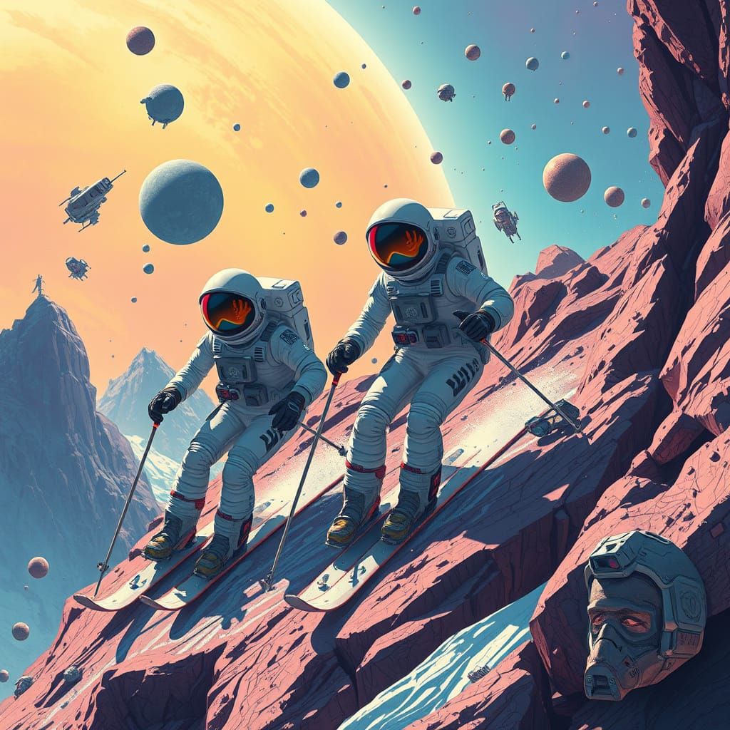 Astronauts Skiing Down a Cosmic Asteroid Slope