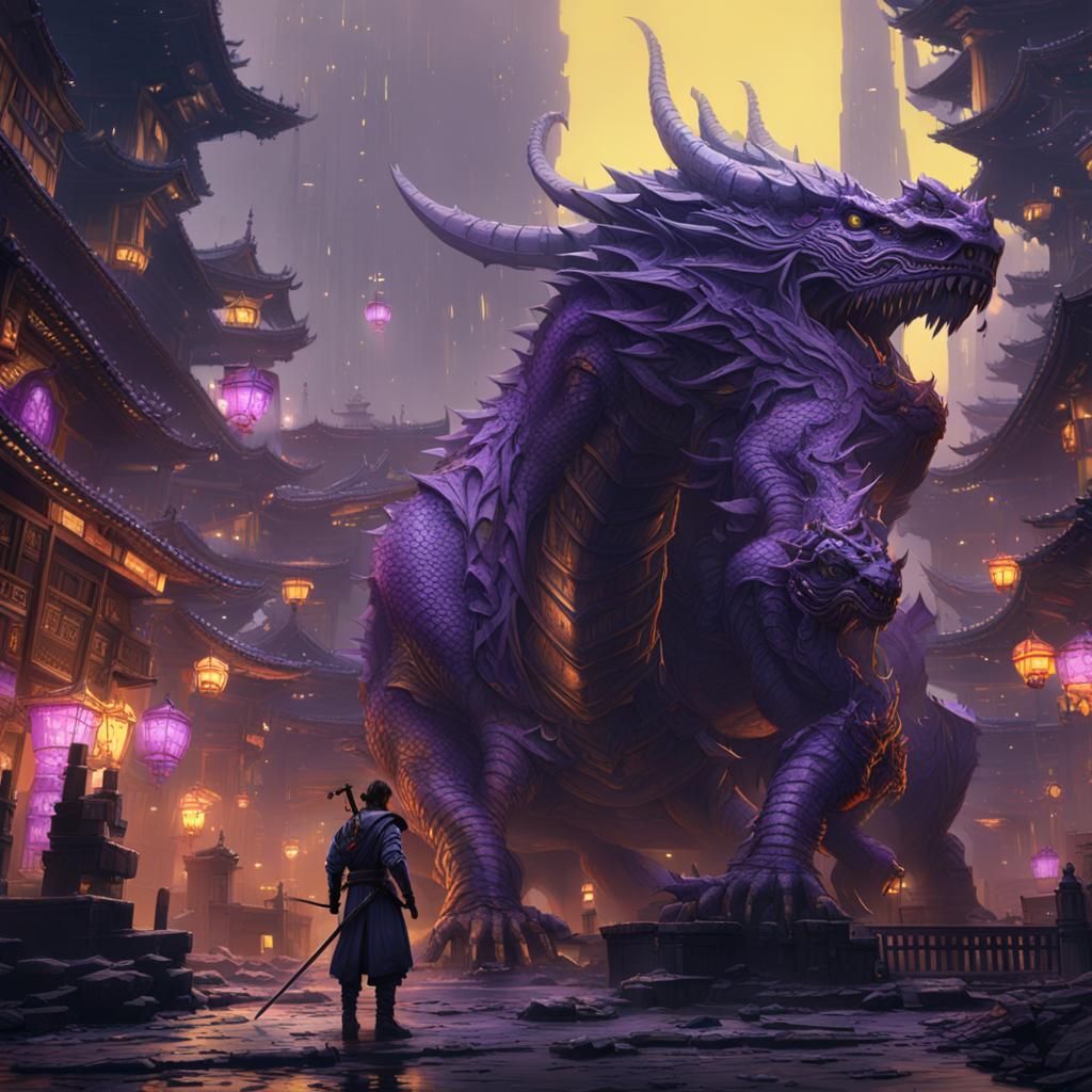 Samurai Discovering Sci-Fi City with Dragon