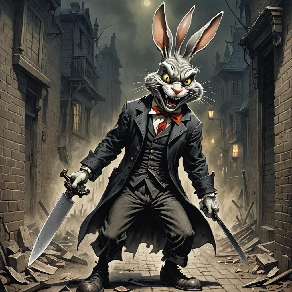 Creepy, Bugs Bunny as Jack the Ripper, holding a large knife, evil smile on face