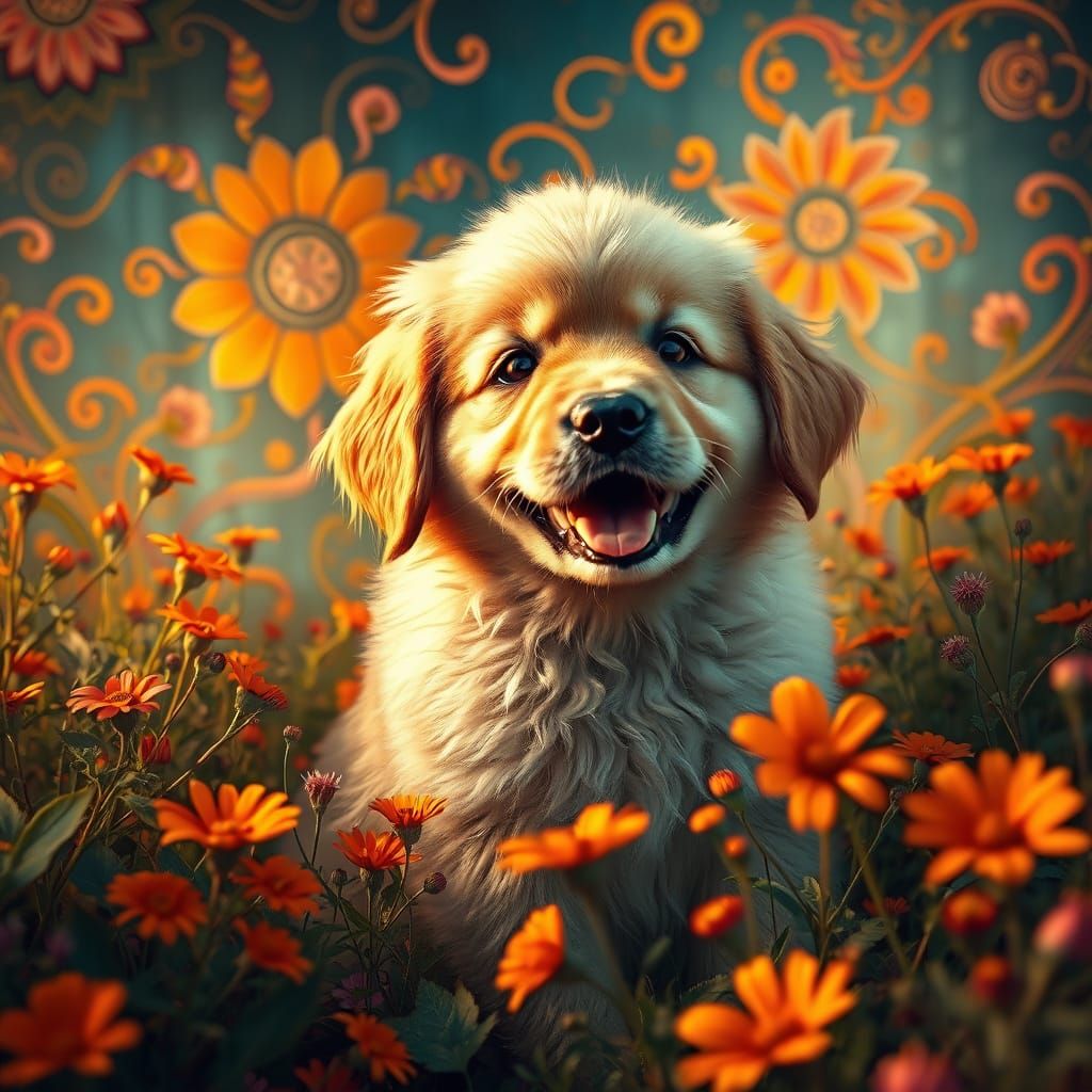 Whimsical Golden Retriever Puppy in Vibrant, Surrealist Land...