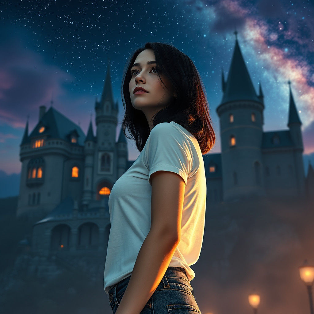 Ethereal Woman Before Mystical Castle at Dusk