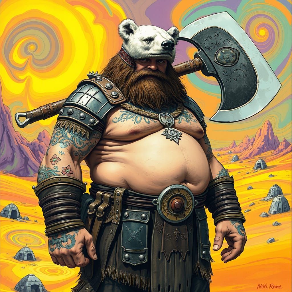 Imposing Barbarian in Psychedelic Desert Landscape