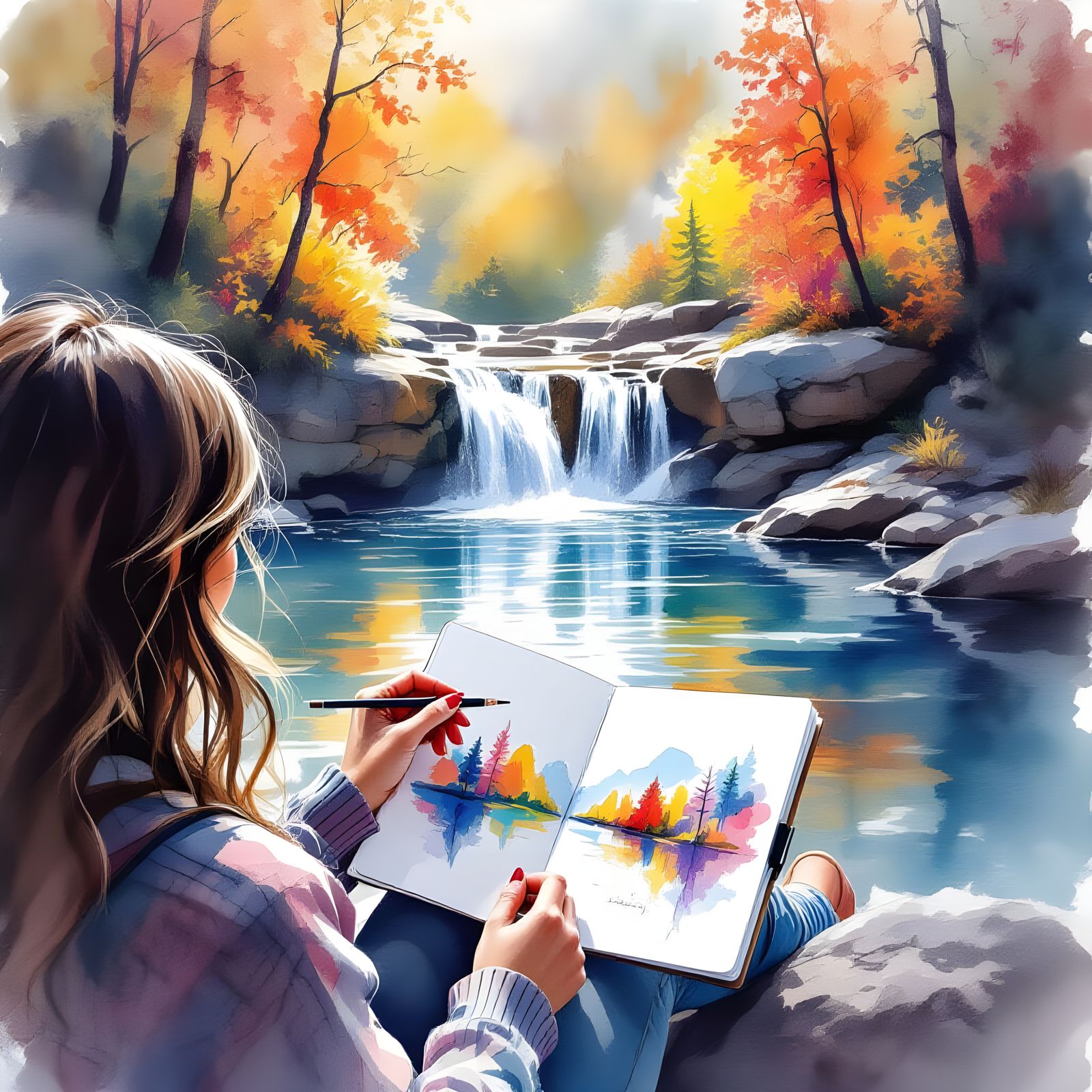 Artist Sketches Waterfall in Ethereal Autumn Landscape