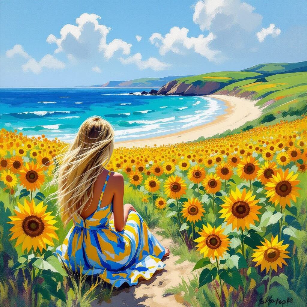 Woman in Sunflower Field Ocean View Impressionistic