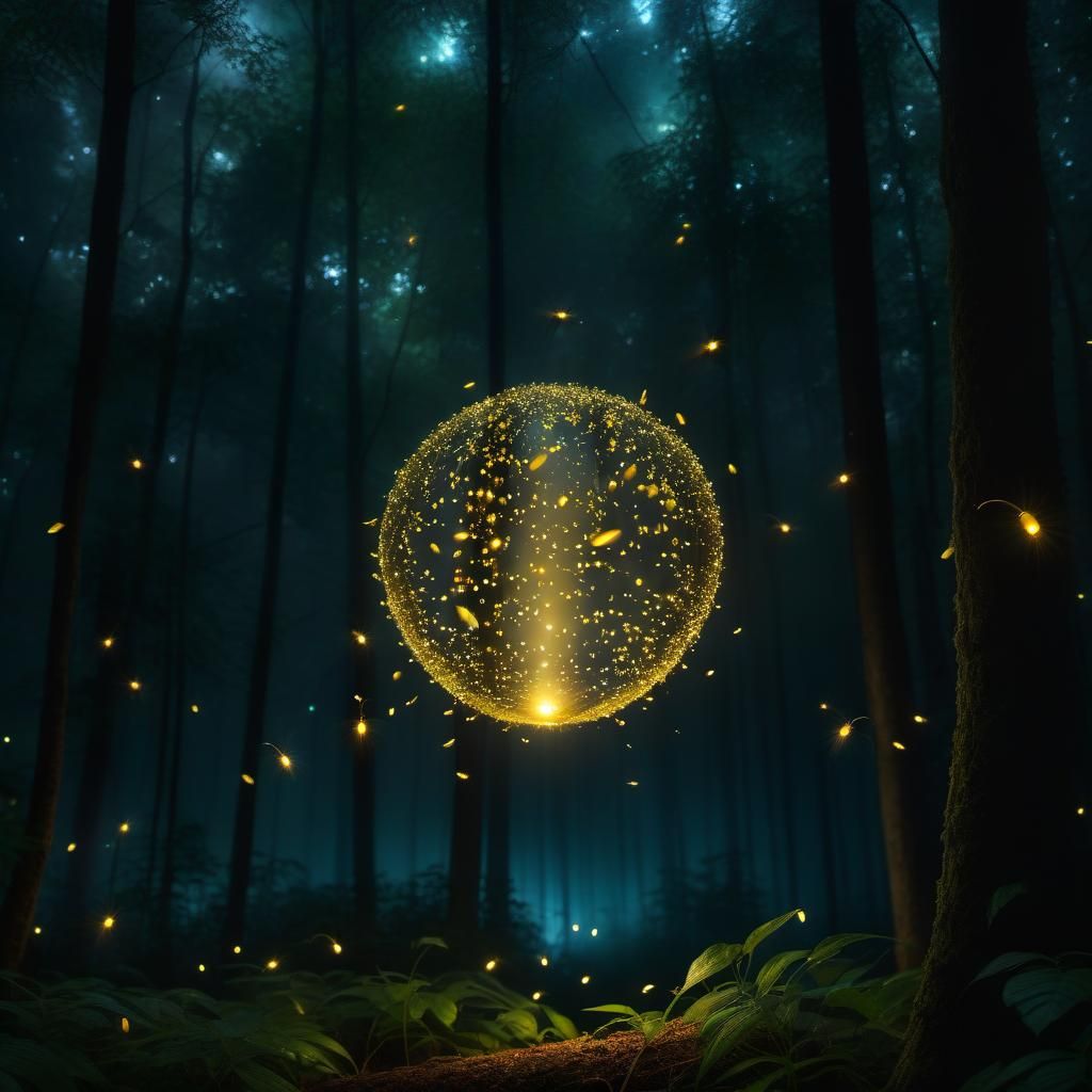 Glowing Firefly Swarm Illuminates Misty Forest