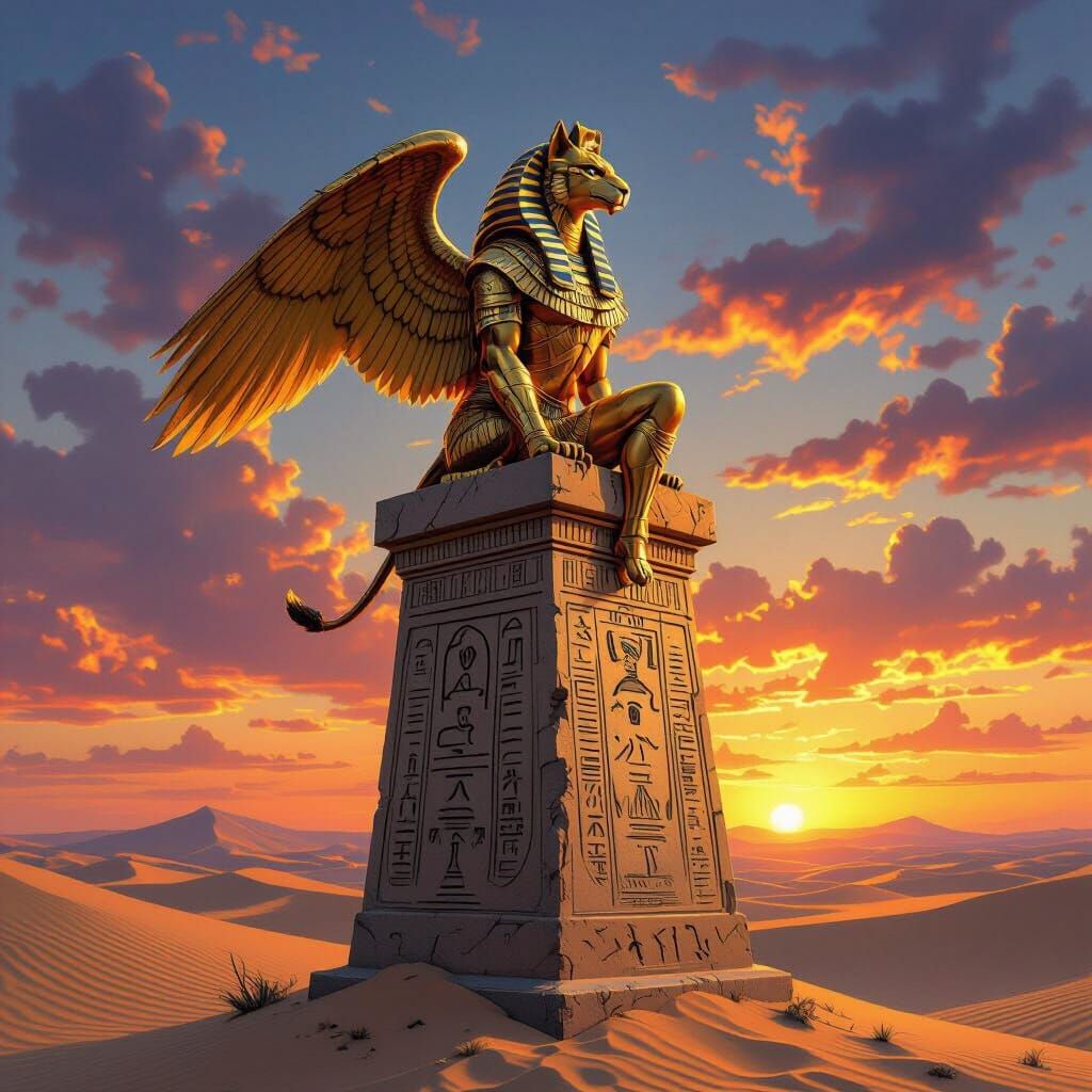 Golden Sphinx on Desert Obelisk at Sunset