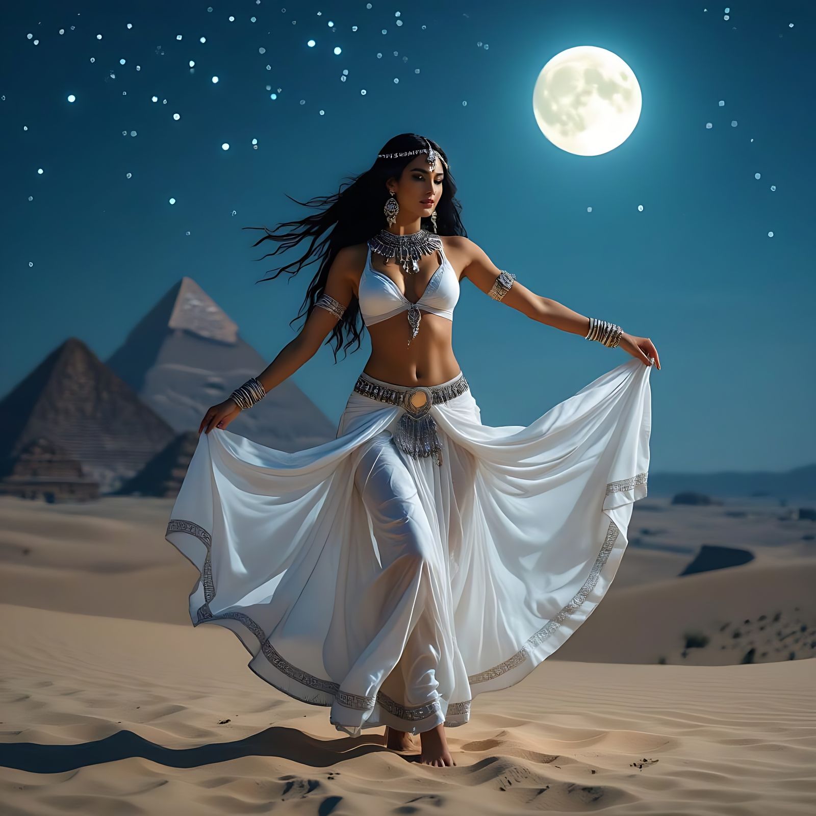 Woman Dancing Under Full Moon in Desert Night