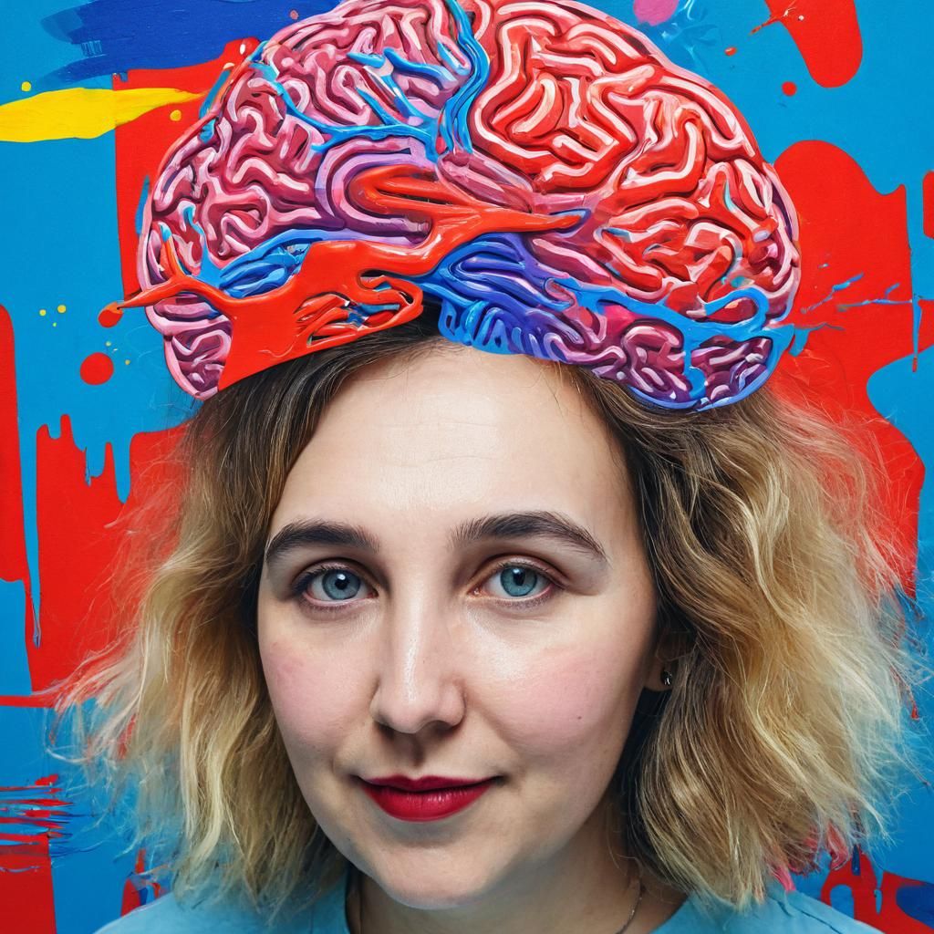 Pop Art Portrait Holding Brain, Expressionist Painting