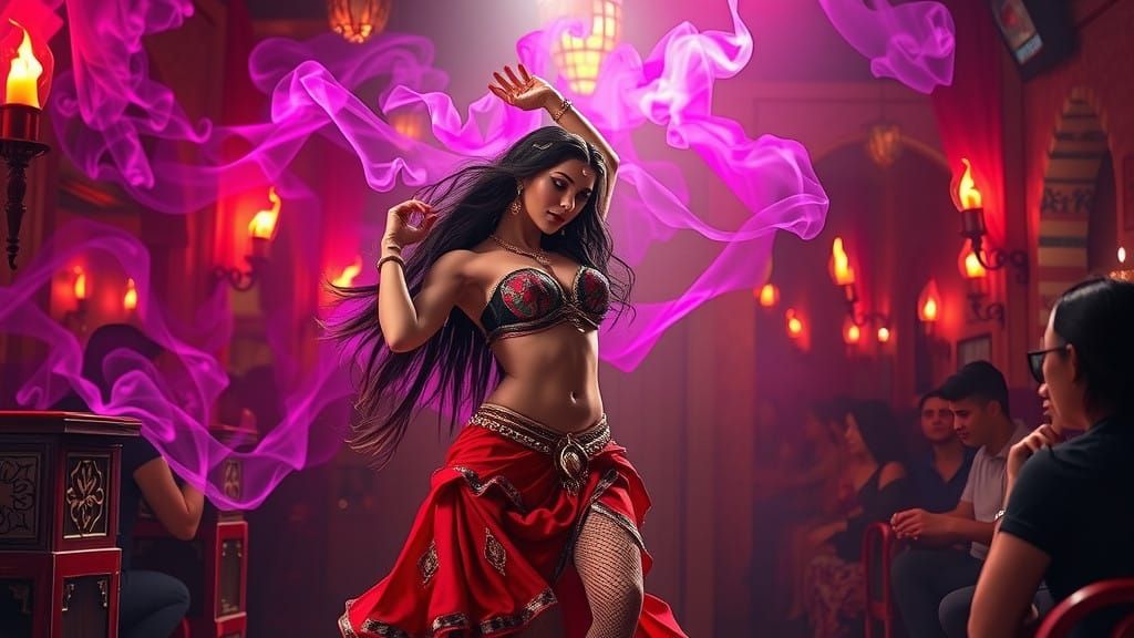 Sultry Moroccan Belly Dancer Enchants Under Vibrant, Psyched...