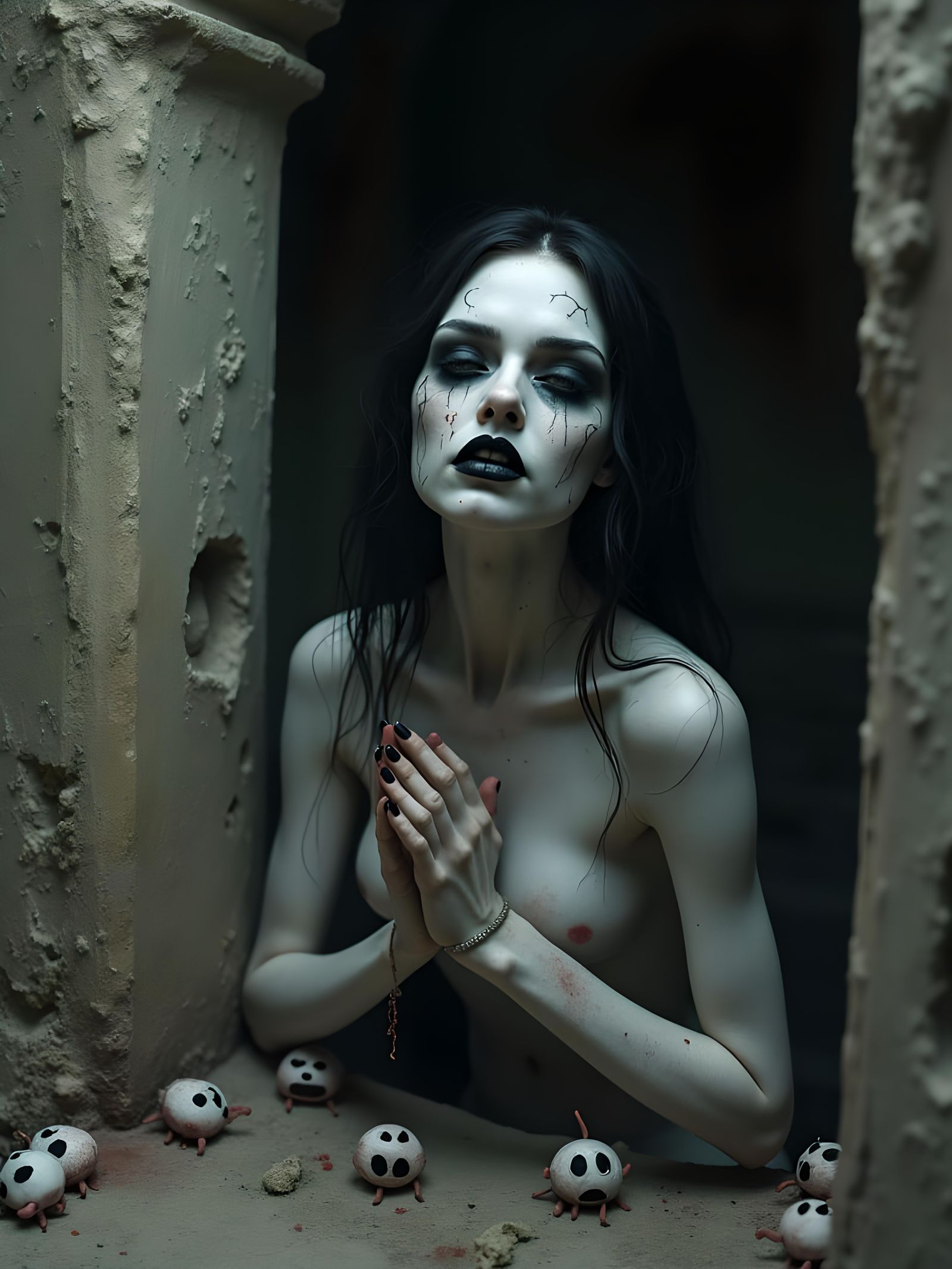 Spooky Porcelain Doll Praying in Ghostly Temple