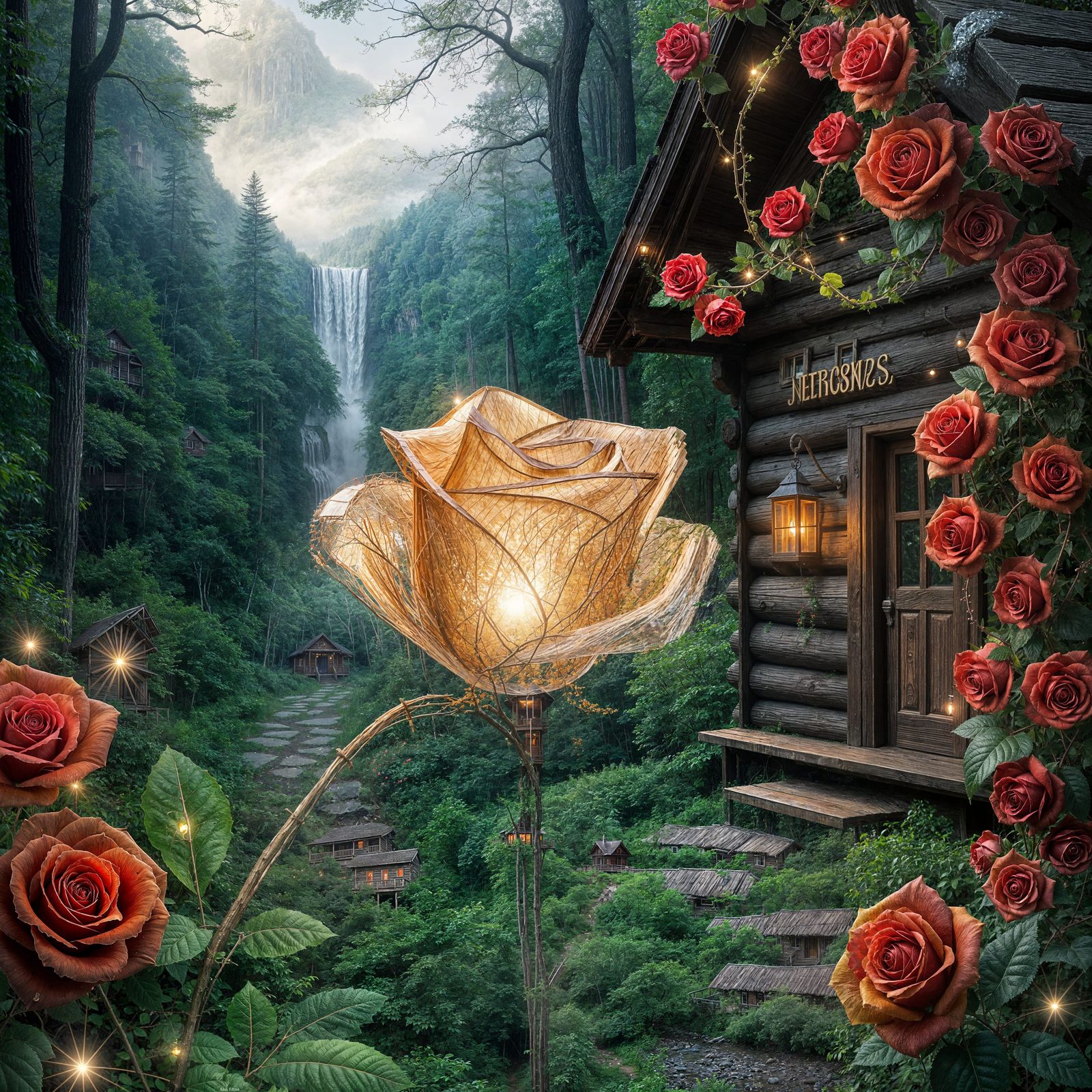 Glass Rose in Mystical Forest with Cabin and Waterfall