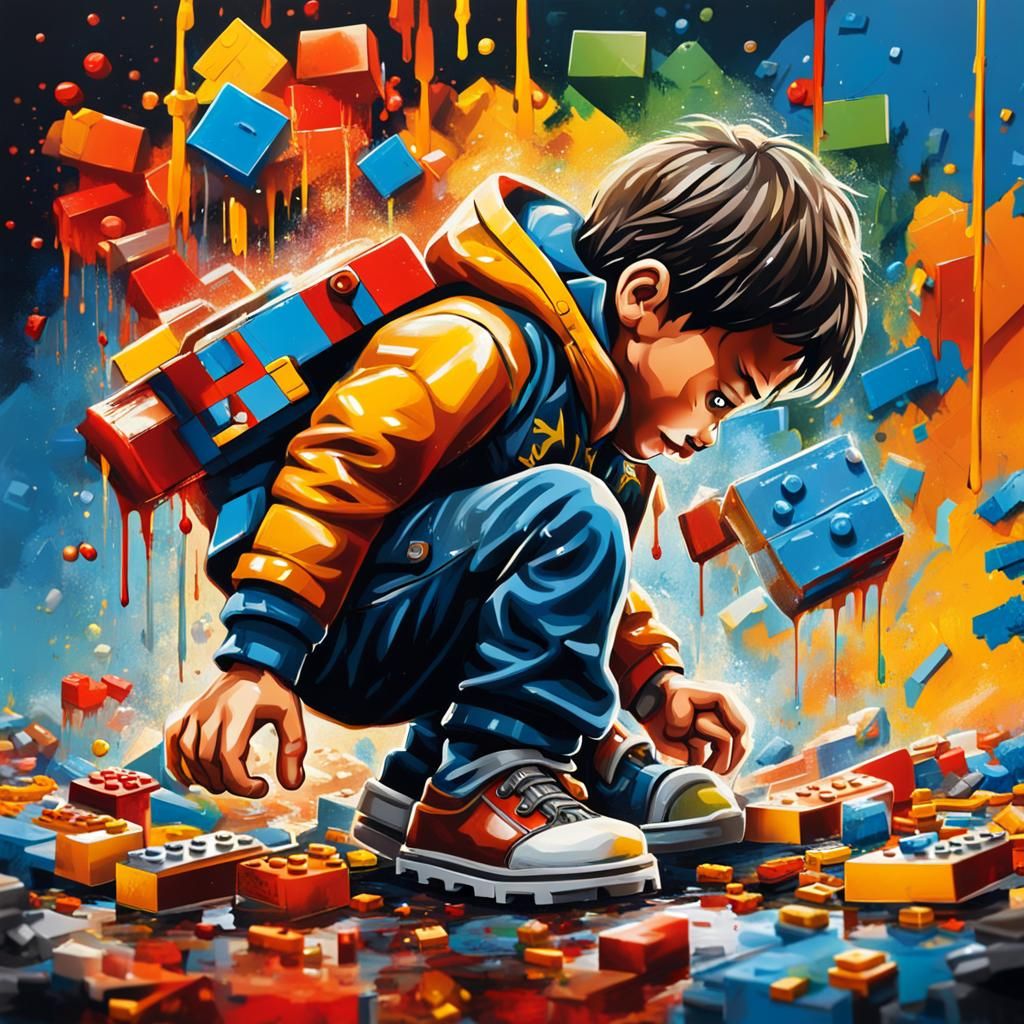 Painful Lego Encounter in Graffiti Art Style