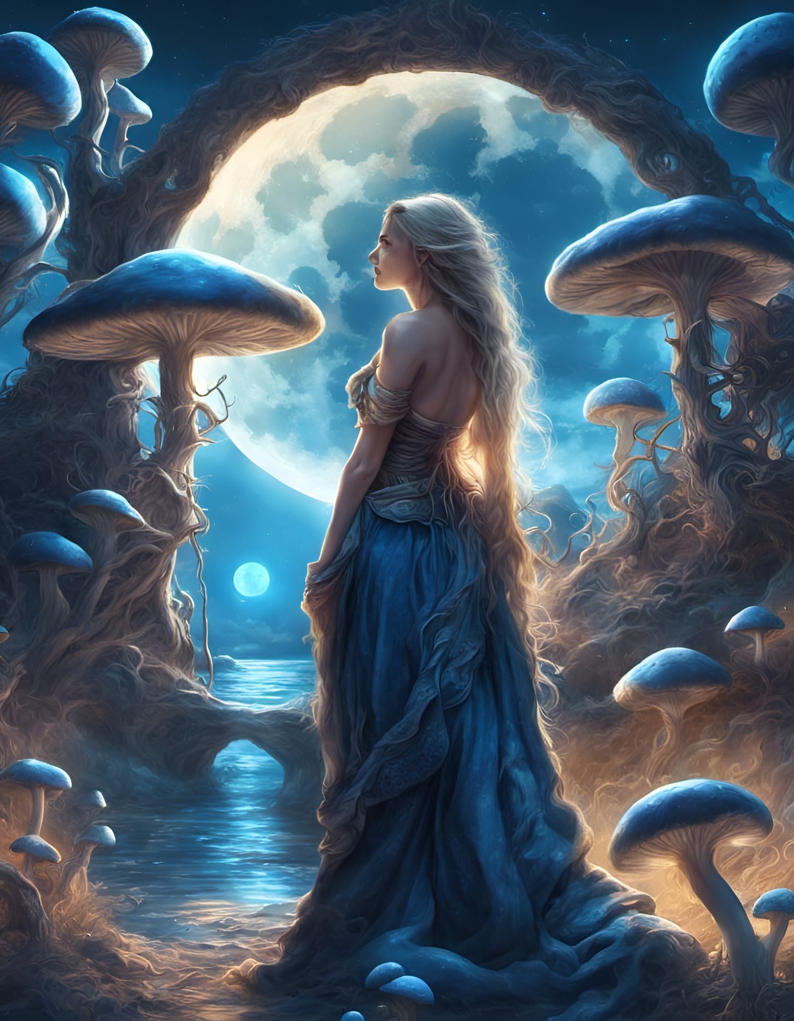 Fantasy Adventurer Gazing at Blue Moon in Ornate Illustratio...