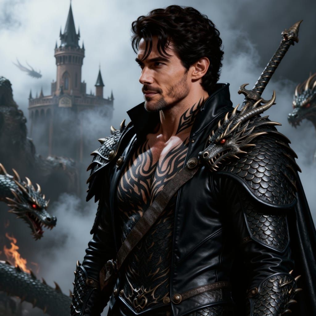 Knight in Black Steel Armor Before Castle with Dragons