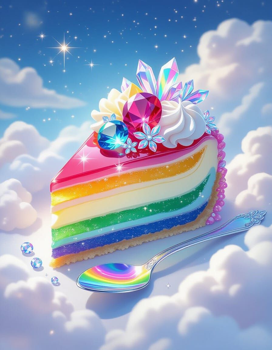 Rainbow Gem Cheesecake with Crystal Flowers, Watercolor Styl...