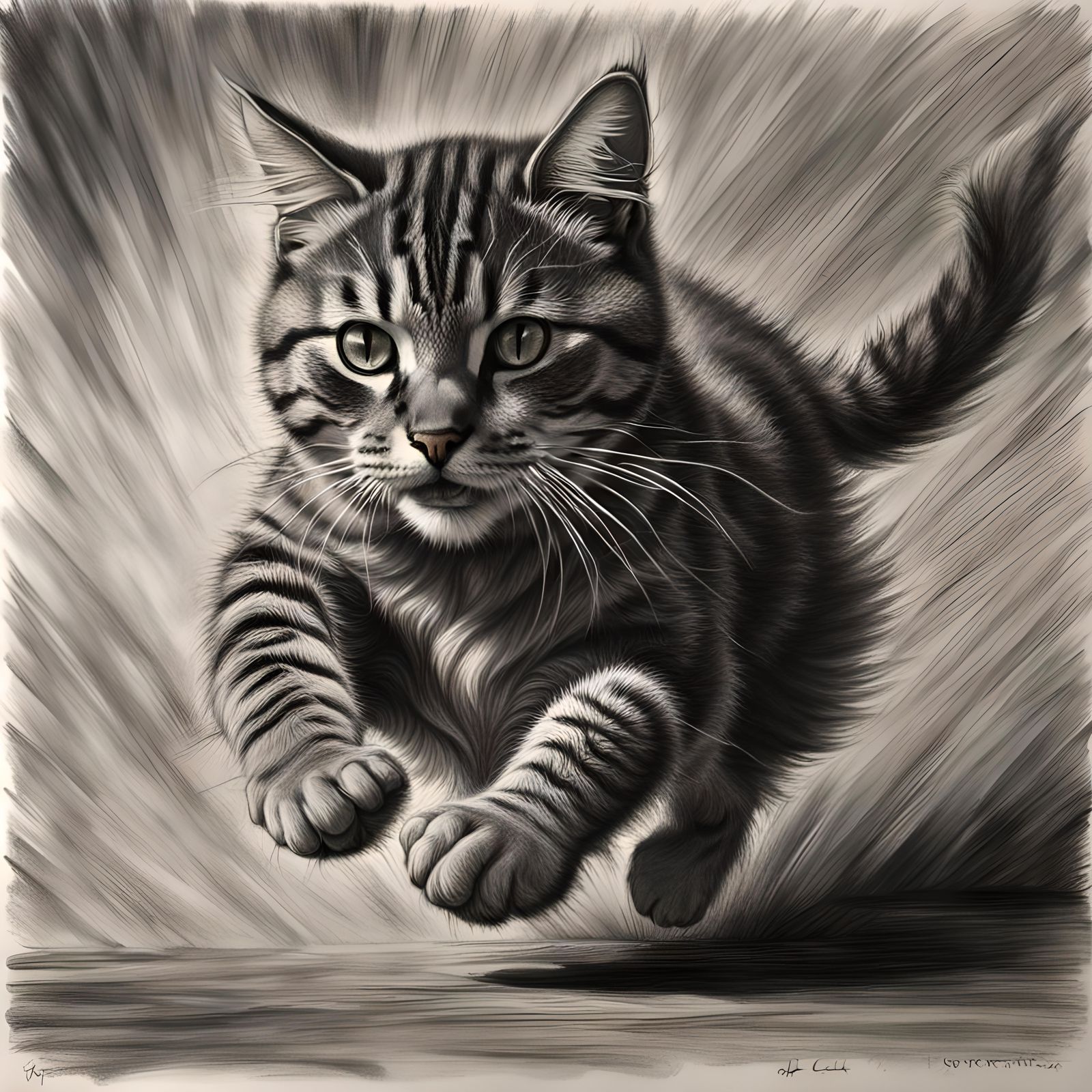 Hyperdetailed Charcoal Drawing of a Pouncing Cat