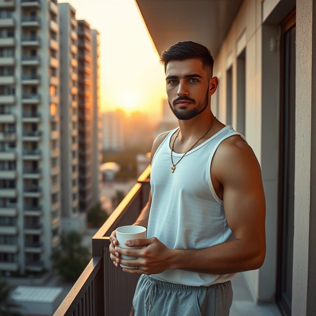 Arabian Man on Balcony at Sunrise in Photorealistic Style